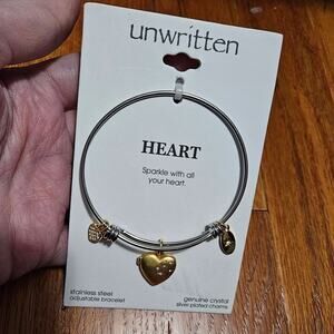UNWRITTEN Silver Plated Crystal Satin Heart Locket Adjustable Bangle Bracelet